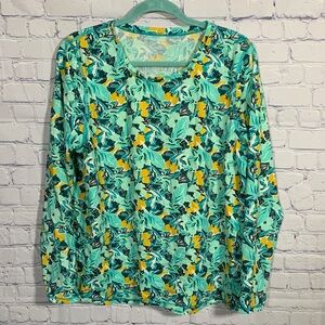 L.L.Bean Womens UPF Long Sleeve Swim Rash Guard Blue Yellow Sz XL Beach Vacation